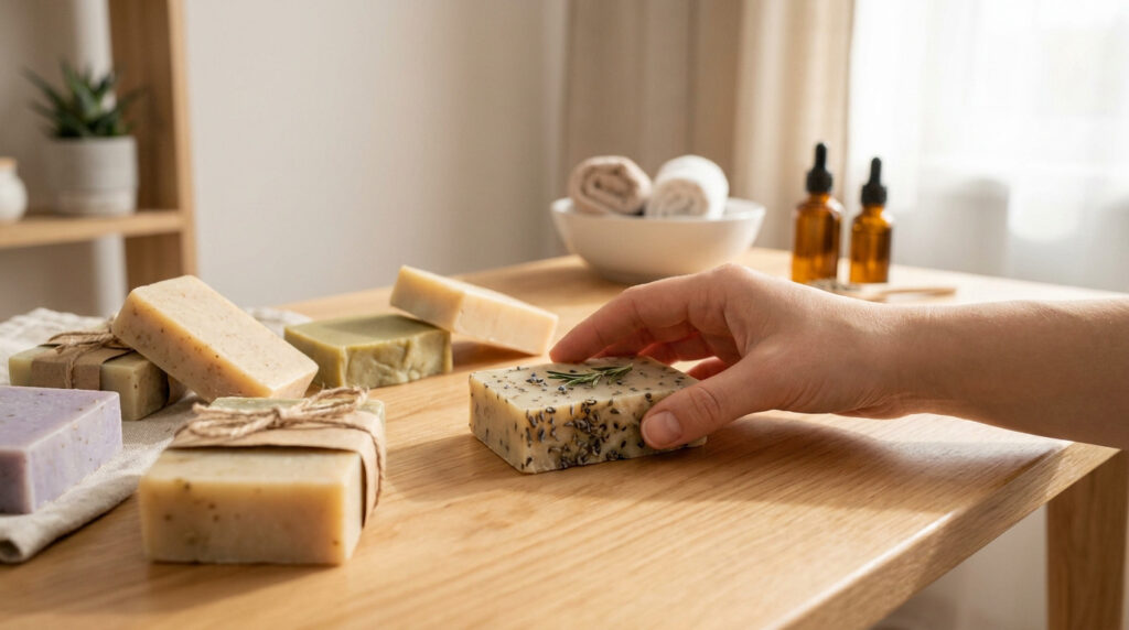 Une main saisit un savon artisanal aux herbes sur une table en bois entourée d'autres savons naturels.