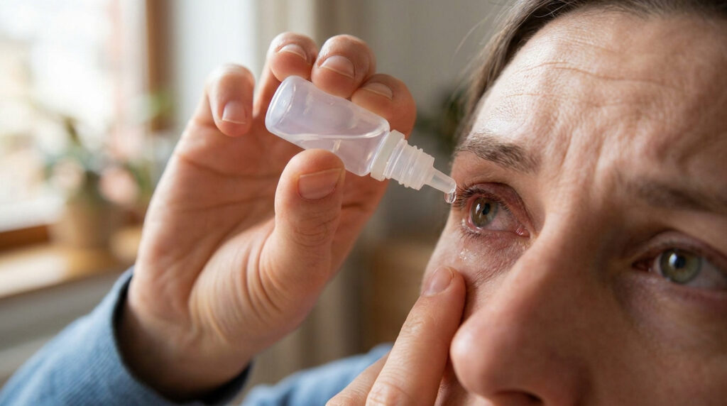 Une personne utilise une dosette de sérum physiologique pour nettoyer son œil avec précaution.