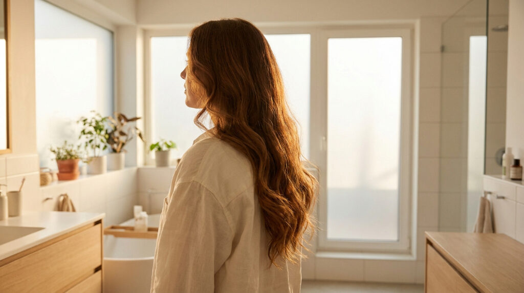 Une femme aux longs cheveux ondulés regardant par la fenêtre dans une salle de bain lumineuse et moderne.