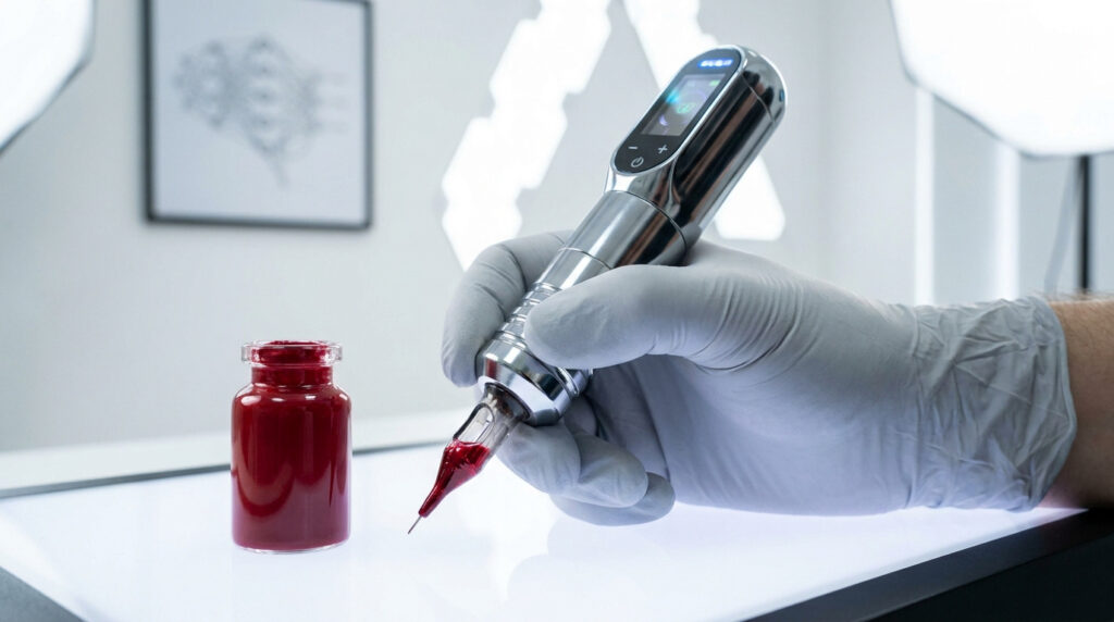 Main gantée tenant un stylo de tatouage électrique devant un flacon d'encre rouge vif sur une table lumineuse.