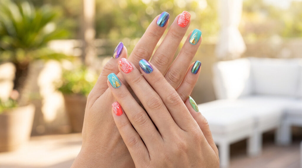 Mains de femme avec des ongles multicolores décorés de motifs floraux et géométriques, sous une lumière estivale.