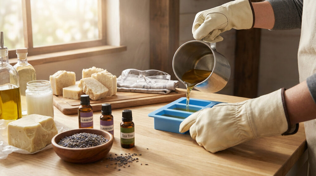 Personne avec des gants de protection versant du savon liquide dans un moule en silicone sur une table en bois.