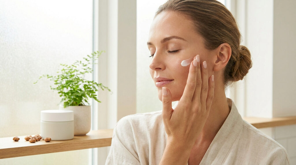 Femme appliquant une crème sur son visage avec sérénité, devant une plante et un pot de crème.