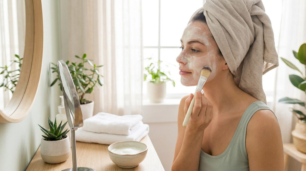 Femme se relaxant chez elle en appliquant un masque au blanc d'œuf sur son visage avec un pinceau de maquillage.