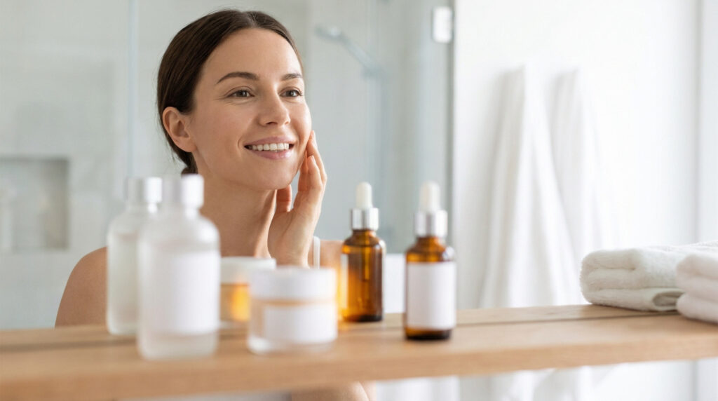 Une jeune femme souriante se regarde dans le miroir de sa salle de bain, entourée de produits de soins pour le visage.
