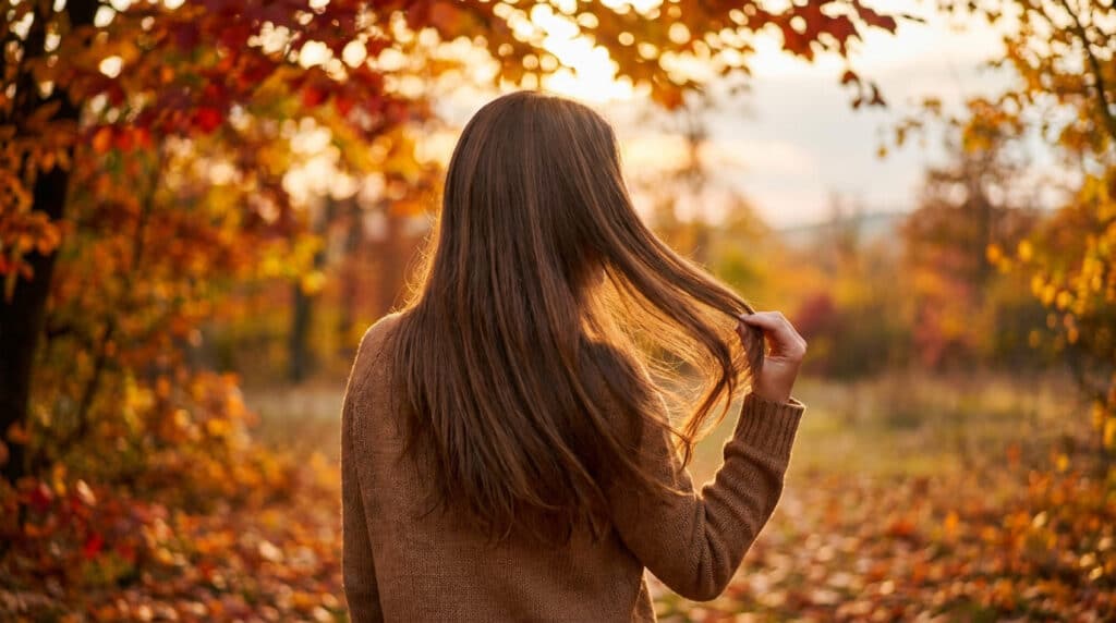 Une femme de dos, cheveux bruns, dans une forêt en automne sous une lumière dorée.