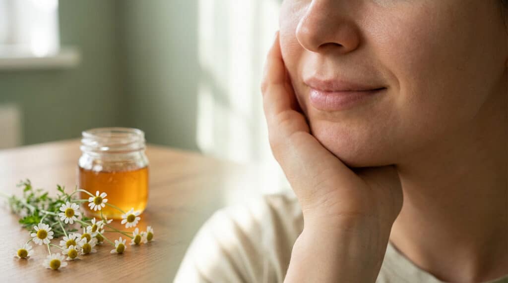 Une femme posant sa main sur sa joue, à côté d'un pot de miel et de camomille pour soulager les aphtes.