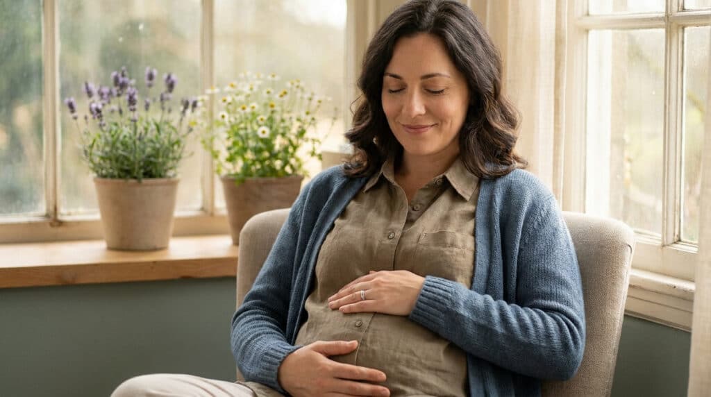 Une femme enceinte sereine, assise près d'une fenêtre, pose doucement ses mains sur son ventre.