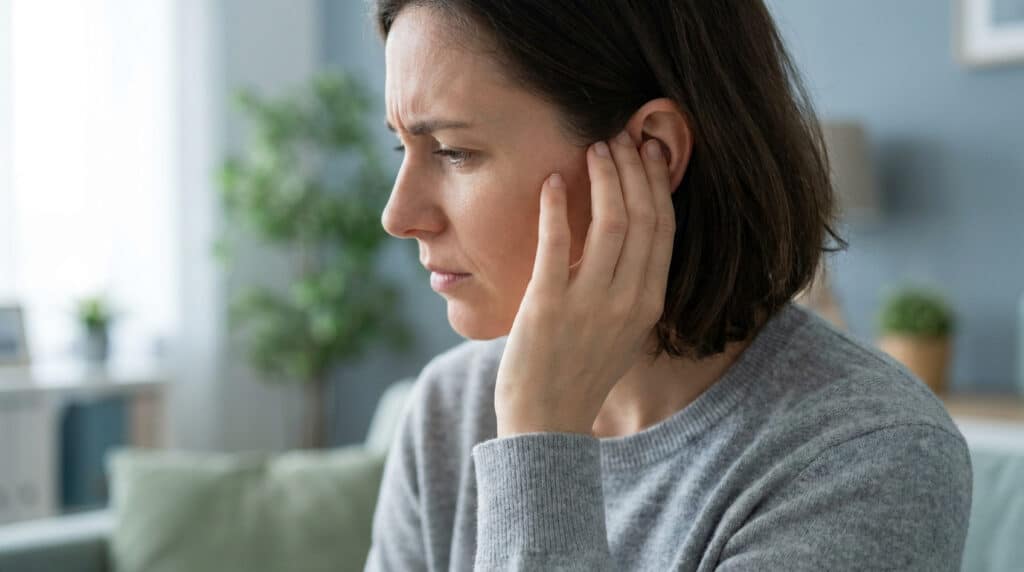 Une femme brune préoccupée touche son oreille, ressentant une gêne ou une irritation.