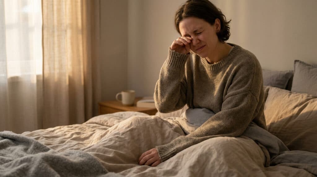 Une femme assise dans son lit au réveil se frotte douloureusement les yeux à la lumière du matin.
