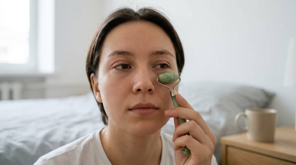 Une jeune femme utilise un rouleau de jade vert sous son œil pour masser et réduire les gonflements du matin.