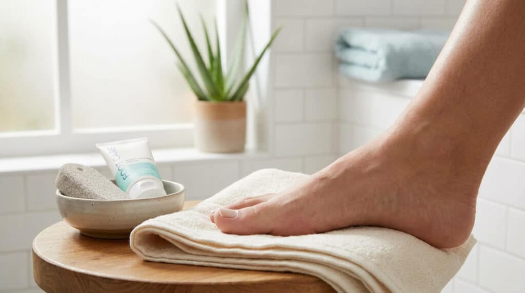 Pied posé sur une serviette avec une crème pour les pieds et une pierre ponce à côté dans une salle de bain lumineuse.