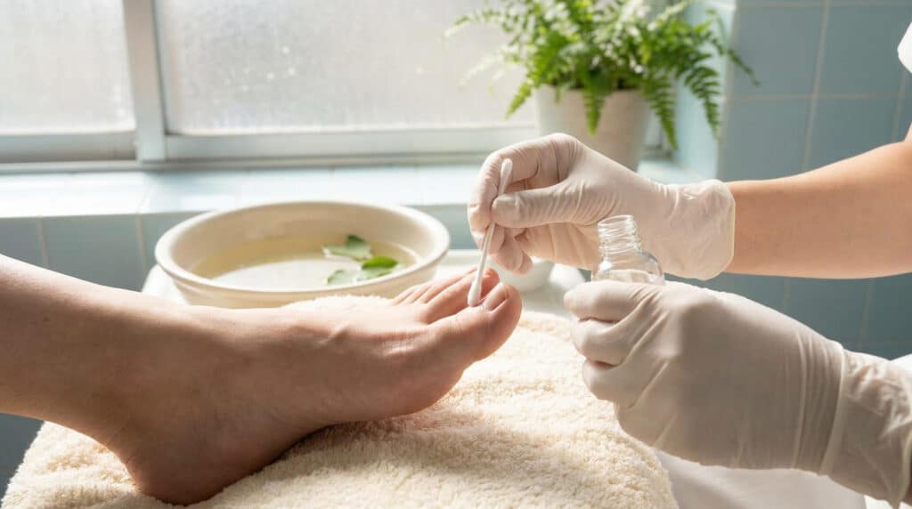 Un professionnel en gants applique un soin sur un ongle de pied avec un coton-tige.
