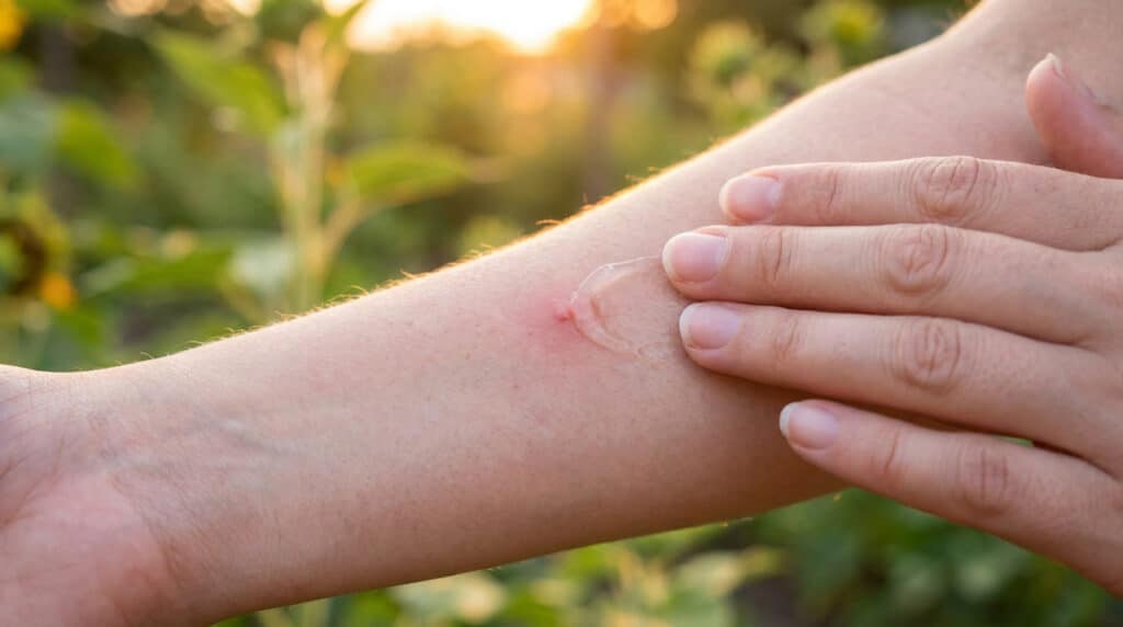 Une personne applique un gel apaisant sur une piqûre de moustique rouge sur son avant-bras en extérieur.